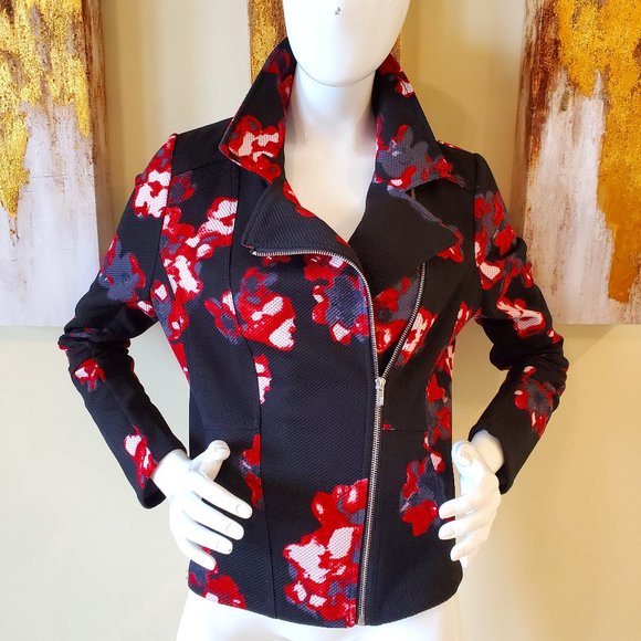 Black Rivet Black/Red Floral Zipper Front Blazer Jacket SZ L - Picture 1 of 8